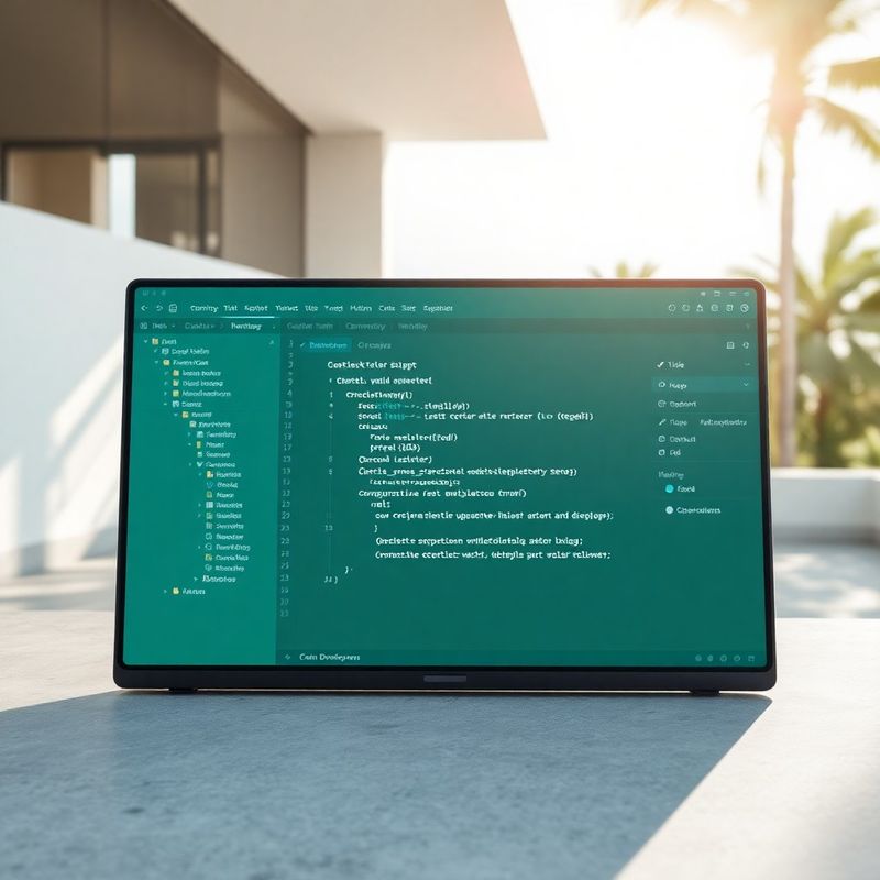 Tela de onboarding com trechos de código em IDE com tons de menta